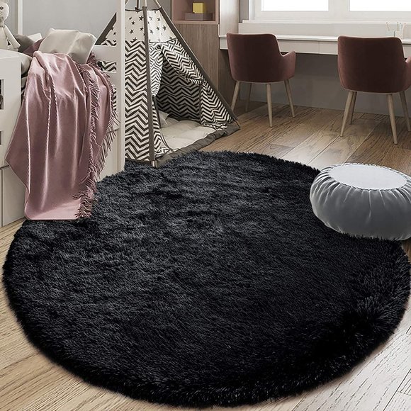 Black Solid Shaggy & Fluffy Round Rug - Picture 2 of 4